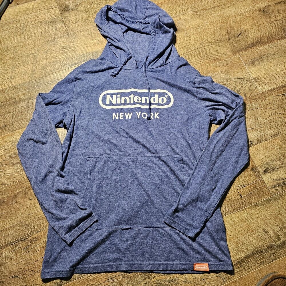 Nintendo New York Hoodie Mens XL Blue Lightweight Long Sleeve Official Logo NYC